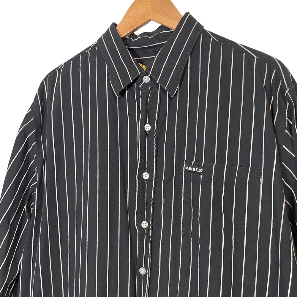Avirex Button Down Shirt Mens XL Black Pinstripe Long Sleeve Cotton Streetwear - Picture 9 of 9